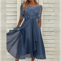 Kanten chiffon jurk met halflange mouwen – Lila
